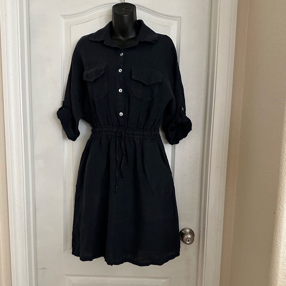 Francesca Bettini 100% Linen Dress Made In Italy. Navy. Size M.